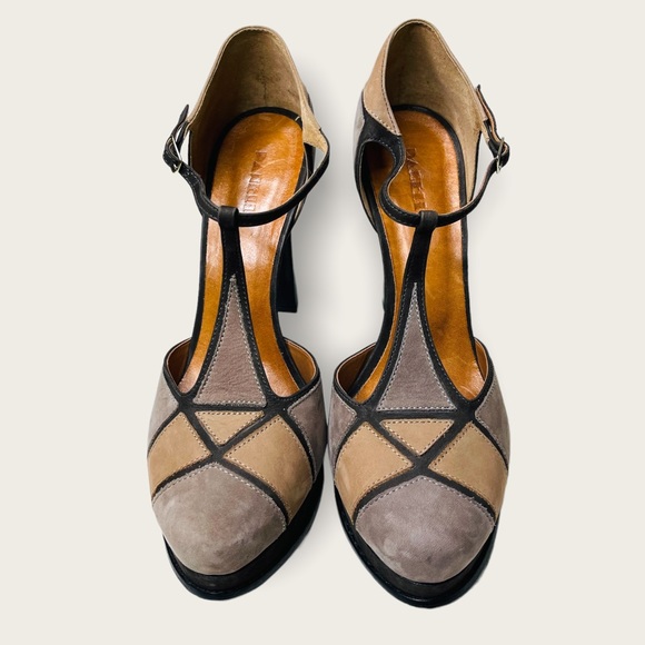 Pañella Grey & Tan T-Strap Retro 70s Platform Heels Size 40/9 - Picture 2 of 12